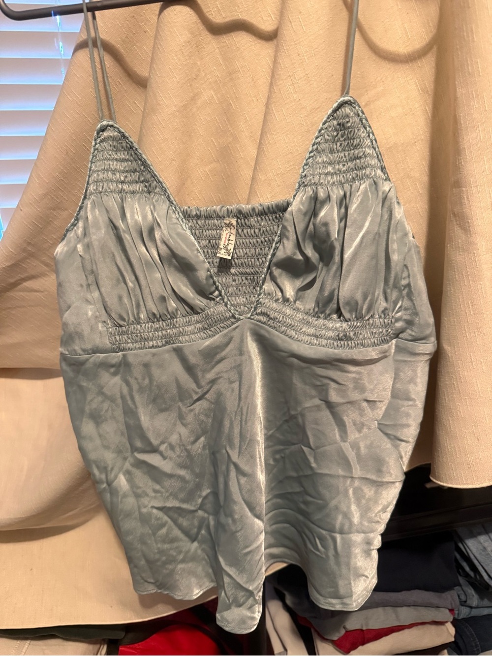 Free People Light Blue Satin Cami with Shirred Detail